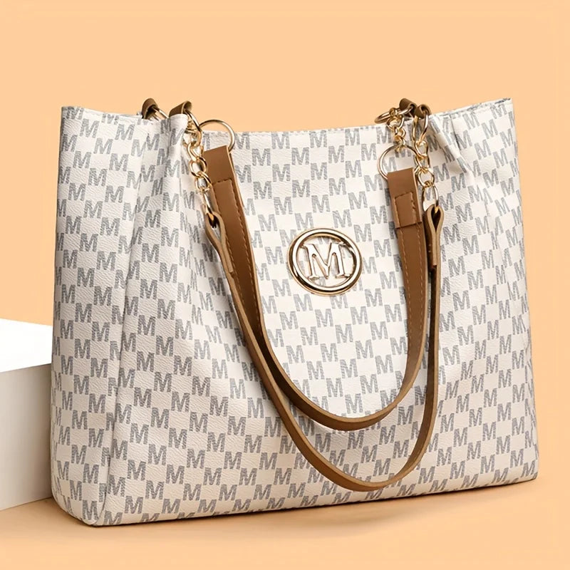 Vintage Geometric Tote Bag Synthetic Leather Letter "M" Design for Women Handbag Shoulder Bag Large Capacity Shopping Travel Bag
