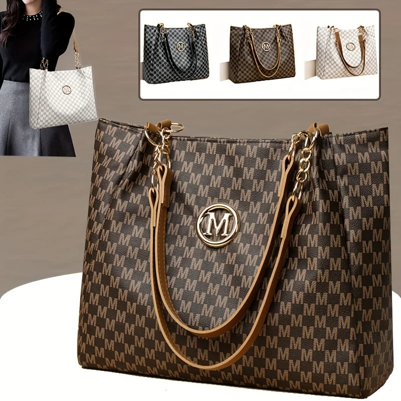Vintage Geometric Tote Bag Synthetic Leather Letter "M" Design for Women Handbag Shoulder Bag Large Capacity Shopping Travel Bag