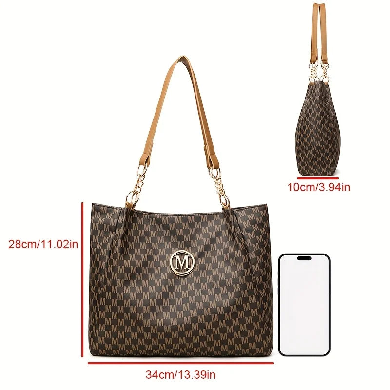 Vintage Geometric Tote Bag Synthetic Leather Letter "M" Design for Women Handbag Shoulder Bag Large Capacity Shopping Travel Bag