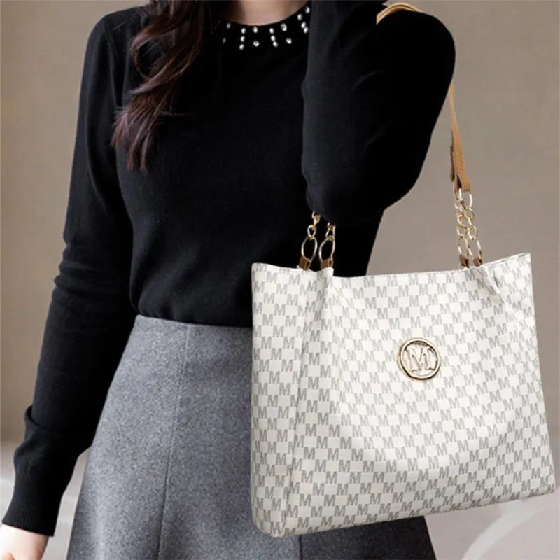 Vintage Geometric Tote Bag Synthetic Leather Letter "M" Design for Women Handbag Shoulder Bag Large Capacity Shopping Travel Bag