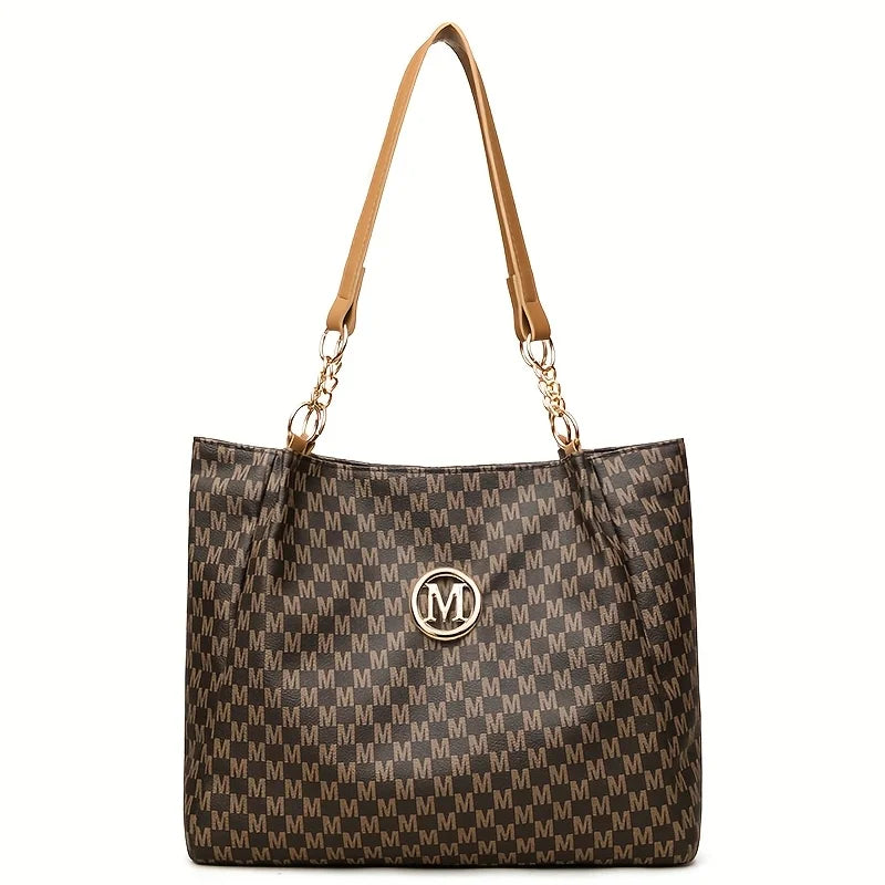 Vintage Geometric Tote Bag Synthetic Leather Letter "M" Design for Women Handbag Shoulder Bag Large Capacity Shopping Travel Bag