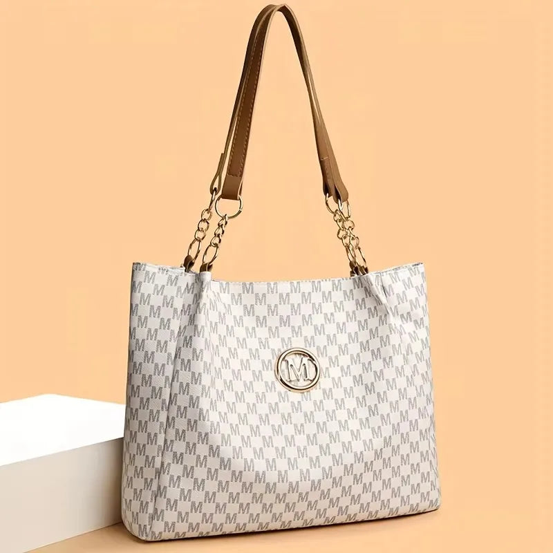 Vintage Geometric Tote Bag Synthetic Leather Letter "M" Design for Women Handbag Shoulder Bag Large Capacity Shopping Travel Bag