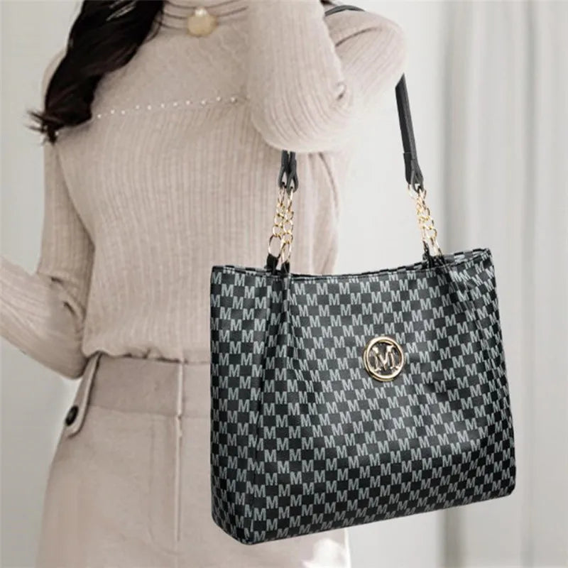 Vintage Geometric Tote Bag Synthetic Leather Letter "M" Design for Women Handbag Shoulder Bag Large Capacity Shopping Travel Bag