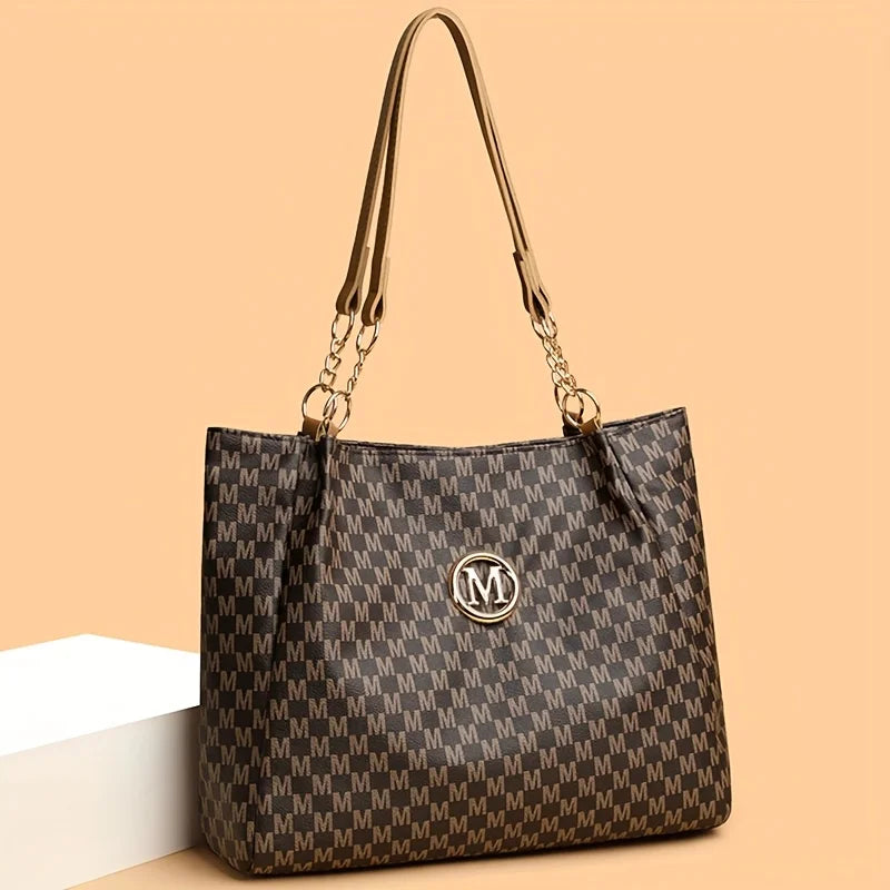 Vintage Geometric Tote Bag Synthetic Leather Letter "M" Design for Women Handbag Shoulder Bag Large Capacity Shopping Travel Bag