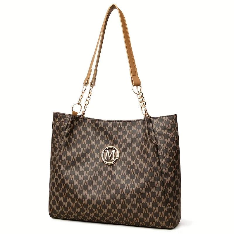 Vintage Geometric Tote Bag Synthetic Leather Letter "M" Design for Women Handbag Shoulder Bag Large Capacity Shopping Travel Bag