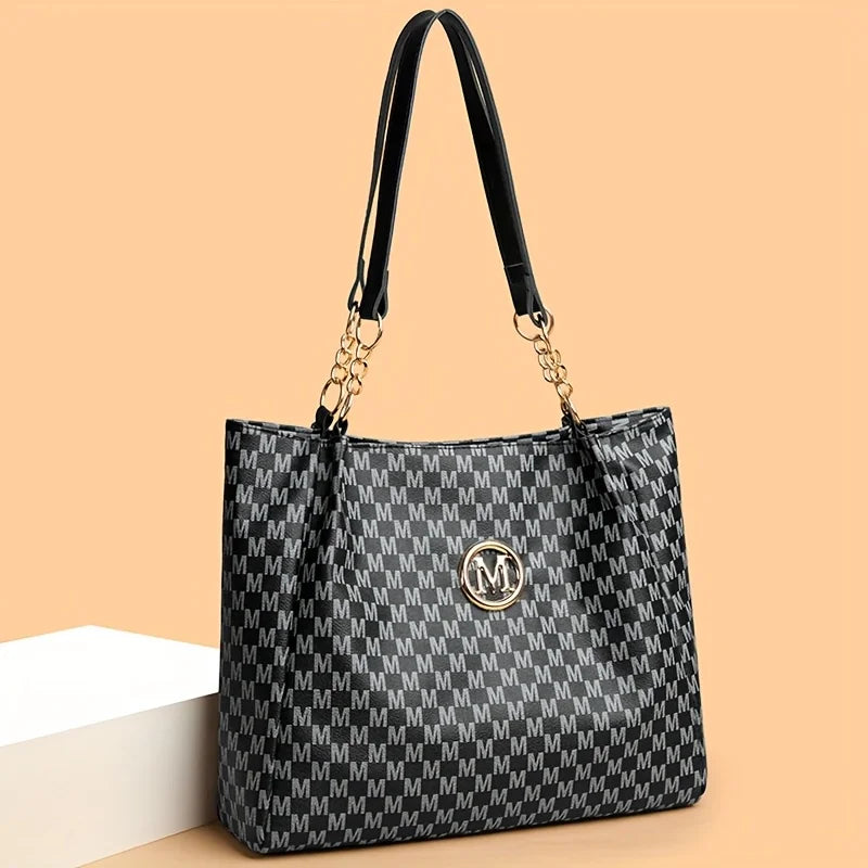 Vintage Geometric Tote Bag Synthetic Leather Letter "M" Design for Women Handbag Shoulder Bag Large Capacity Shopping Travel Bag