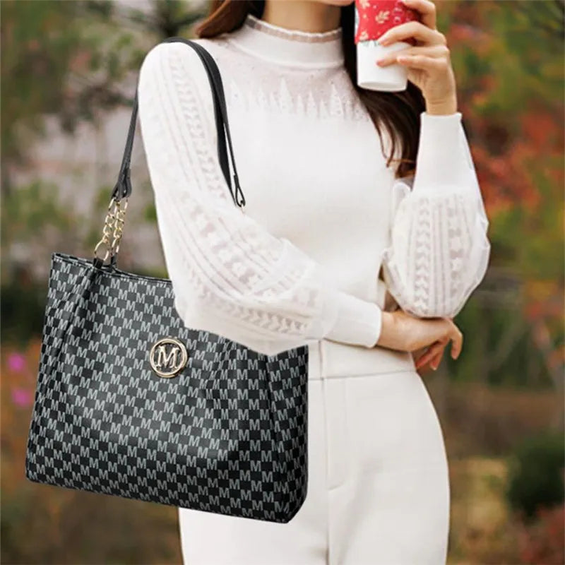 Vintage Geometric Tote Bag Synthetic Leather Letter "M" Design for Women Handbag Shoulder Bag Large Capacity Shopping Travel Bag